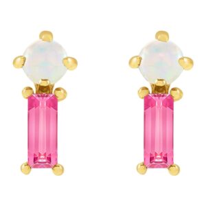 White Opal and Natural Pink Tourmaline Stud Earrings 14K Gold
