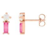 White Opal and Natural Pink Tourmaline Stud Earrings 14K Rose Gold