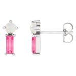 White Opal and Natural Pink Tourmaline Stud Earrings 14K White Gold