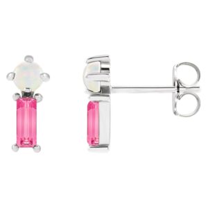 White Opal and Natural Pink Tourmaline Stud Earrings 14K White Gold