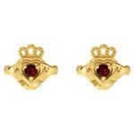 14K Gold Claddagh Stud Earrings with Red Mozambique Garnet