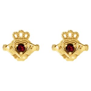 14K Gold Claddagh Stud Earrings with Red Mozambique Garnet