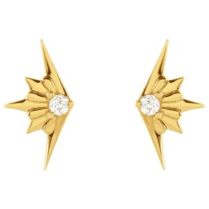 14K Gold Half Starburst Stud Earrings Diamond Accented