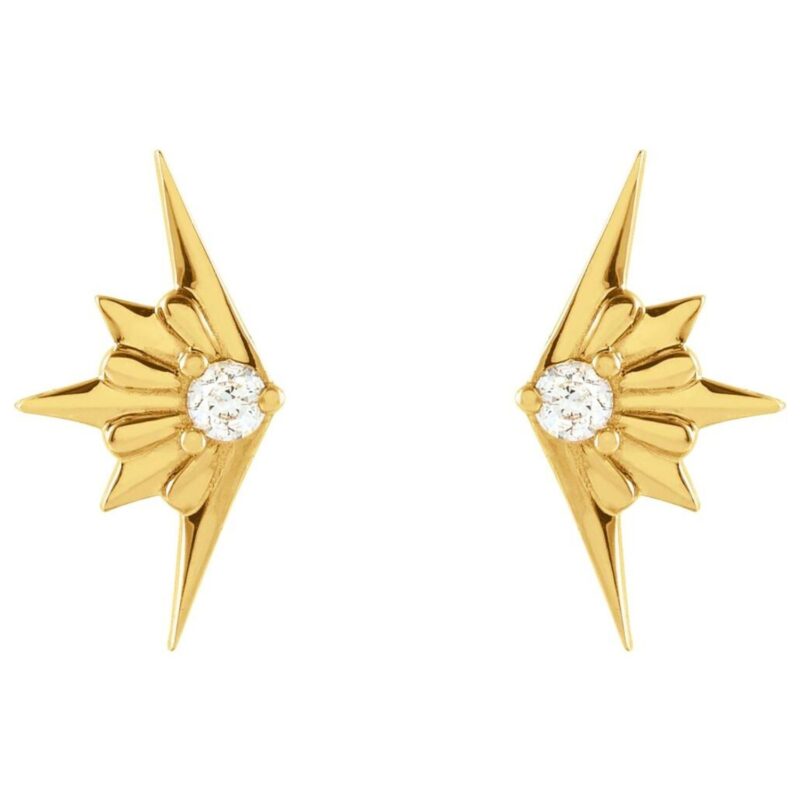 14K Gold Half Starburst Stud Earrings Diamond Accented