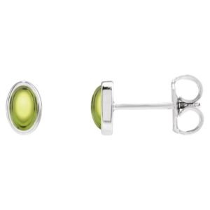 14K White Gold Bezel Setting Green Peridot Cabochon Stud Earrings