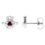 14K White Gold Claddagh Stud Earrings with Red Mozambique Garnet