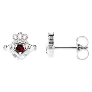 14K White Gold Claddagh Stud Earrings with Red Mozambique Garnet