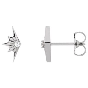 14K White Gold Half Starburst Stud Earrings Diamond Accented
