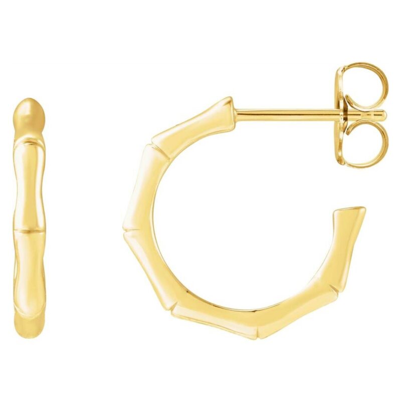 14K Yellow Gold Bamboo Hoop Earrings 15 mm