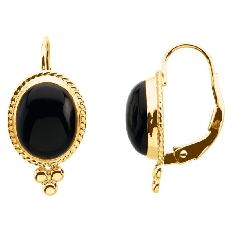 14K Yellow Gold Cabochon Black Onyx Leverback Earrings