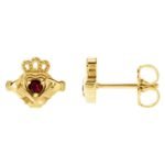 14K Yellow Gold Claddagh Stud Earrings with Red Mozambique Garnet