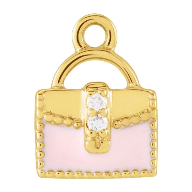 14K Yellow Gold Diamond Pink Enamel Purse Charm Dangle