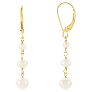 Linear 3 Pearl Dangle Drop Earrings 14K Yellow Gold