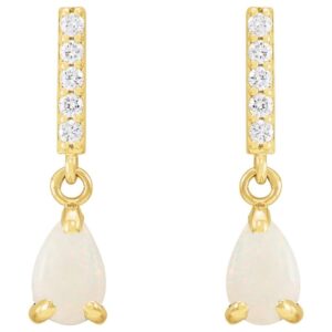 Australian White Opal and Diamond Teardrop Dangle Earrings 14K Gold