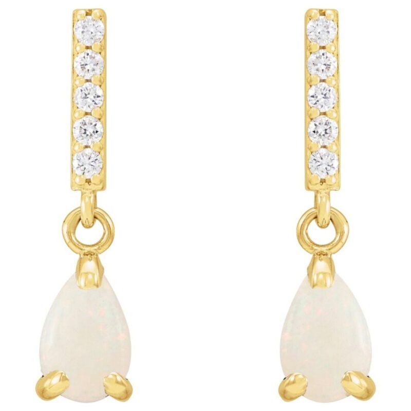 Australian White Opal and Diamond Teardrop Dangle Earrings 14K Gold
