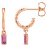 Baguette Pink Tourmaline Drop Dangle Hoop Earrings 14K Rose Gold