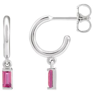 Baguette Pink Tourmaline Drop Dangle Hoop Earrings 14K White Gold