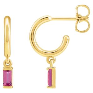 Baguette Pink Tourmaline Drop Dangle Hoop Earrings 14K Yellow Gold