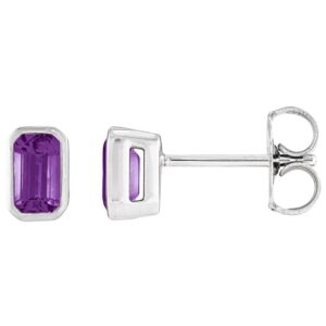 Bezel-Set Emerald Cut Amethyst Stud Earrings 14K White Gold
