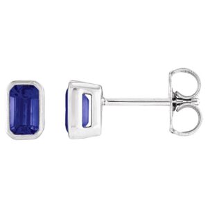 Bezel-Set Emerald Cut Blue Sapphire Stud Earrings 14K White Gold