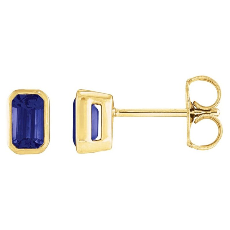 Bezel-Set Emerald Cut Blue Sapphire Stud Earrings 14K Yellow Gold