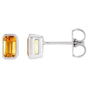 Bezel-Set Emerald Cut Citrine Stud Earrings 14K White Gold