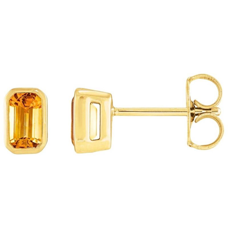 Bezel-Set Emerald Cut Citrine Stud Earrings 14K Yellow Gold