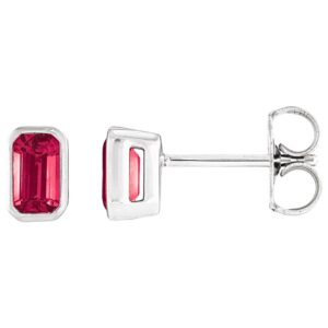 Bezel-Set Emerald Cut Lab Ruby Stud Earrings 14K White Gold