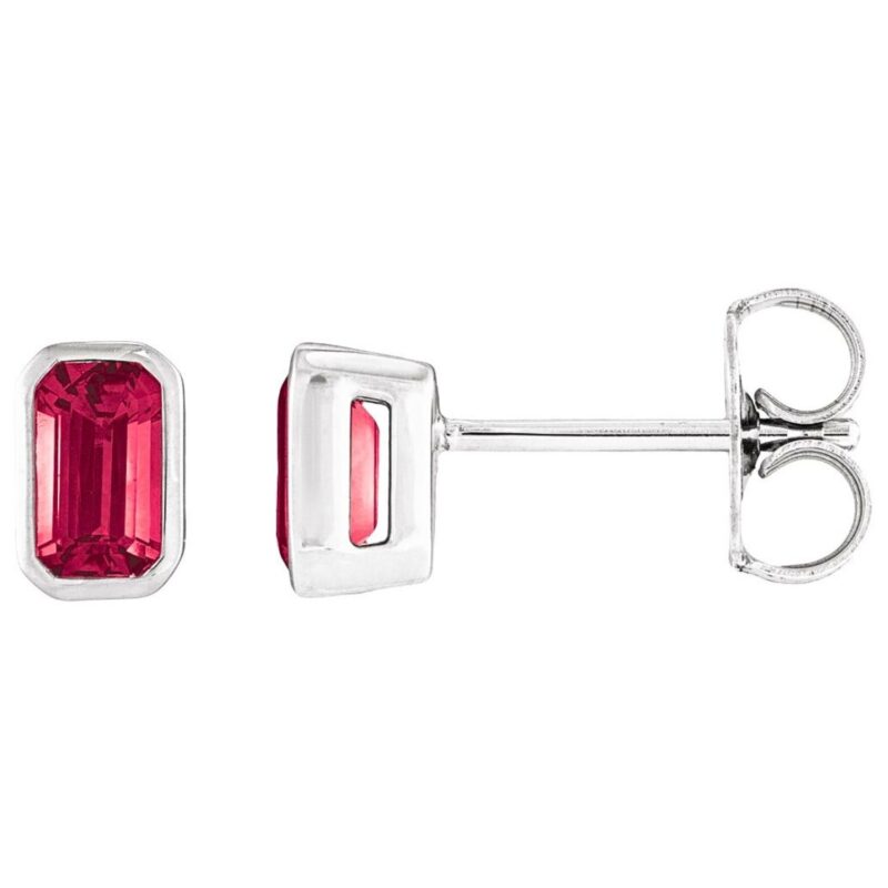 Bezel-Set Emerald Cut Lab Ruby Stud Earrings 14K White Gold