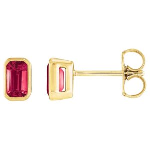 Bezel-Set Emerald Cut Lab Ruby Stud Earrings 14K Yellow Gold