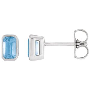 Bezel-Set Emerald Cut Sky Blue Topaz Stud Earrings 14K White Gold