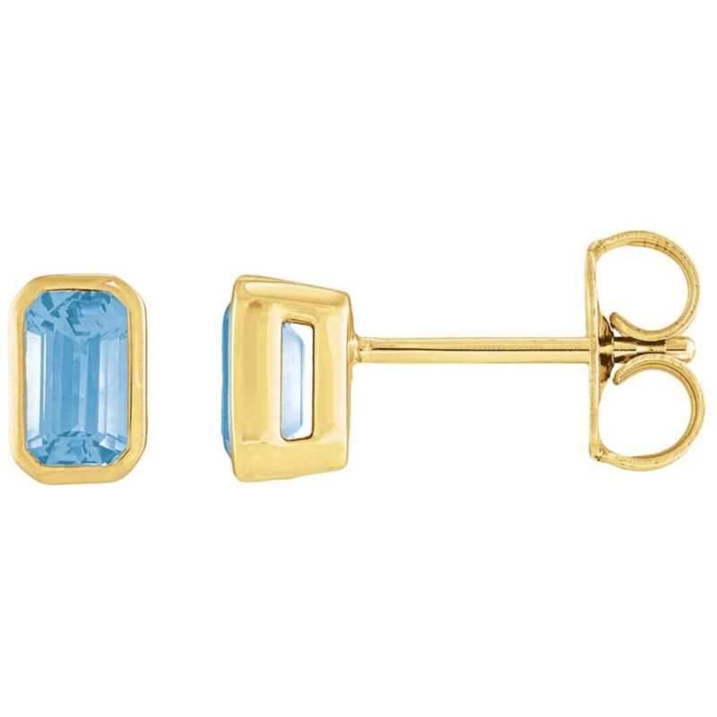 Bezel-Set Emerald Cut Sky Blue Topaz Stud Earrings 14K Yellow Gold