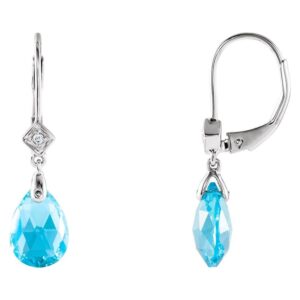 Briolette Swiss Blue Topaz Drop Earrings Diamond Accented 14K White Gold