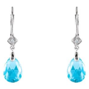 Briolette Swiss Blue Topaz Drop Leverback Earrings Diamond Accented 14K White Gold