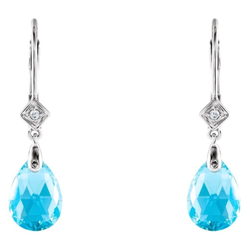Briolette Swiss Blue Topaz Drop Leverback Earrings Diamond Accented 14K White Gold