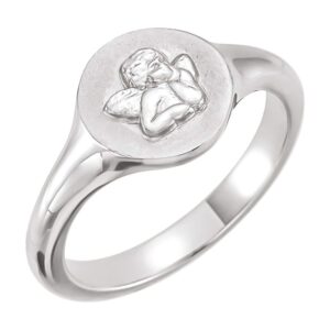 Cherub Angel Pinky Signet Ring 14K White Gold