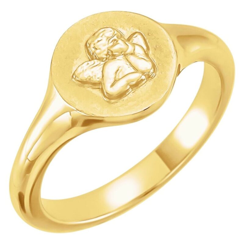 Cherub Angel Pinky Signet Ring 14K Yellow Gold