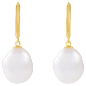 Cultured Freshwater Large Keshi Pearl Drop Hoop Earrings 14K Yellow Gold