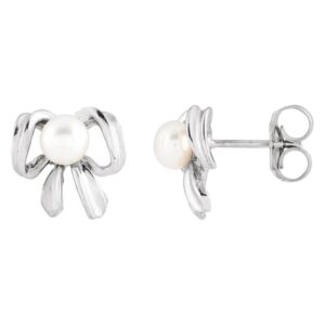Cultured Freshwater Pearl Bow Stud Earrings 14K White Gold