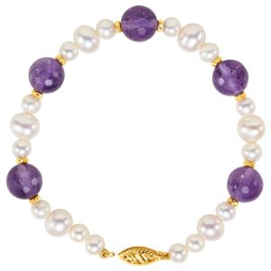 Cultured Freshwater Pearl and Natural Amethyst Bracelet 14K Yellow Gold