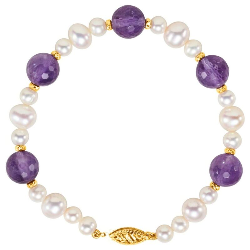 Cultured Freshwater Pearl and Natural Amethyst Bracelet 14K Yellow Gold