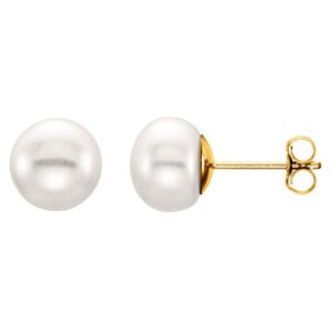 Cultured White Freshwater Button Pearl Stud Earrings Small to Large Size 14K Yellow Gold