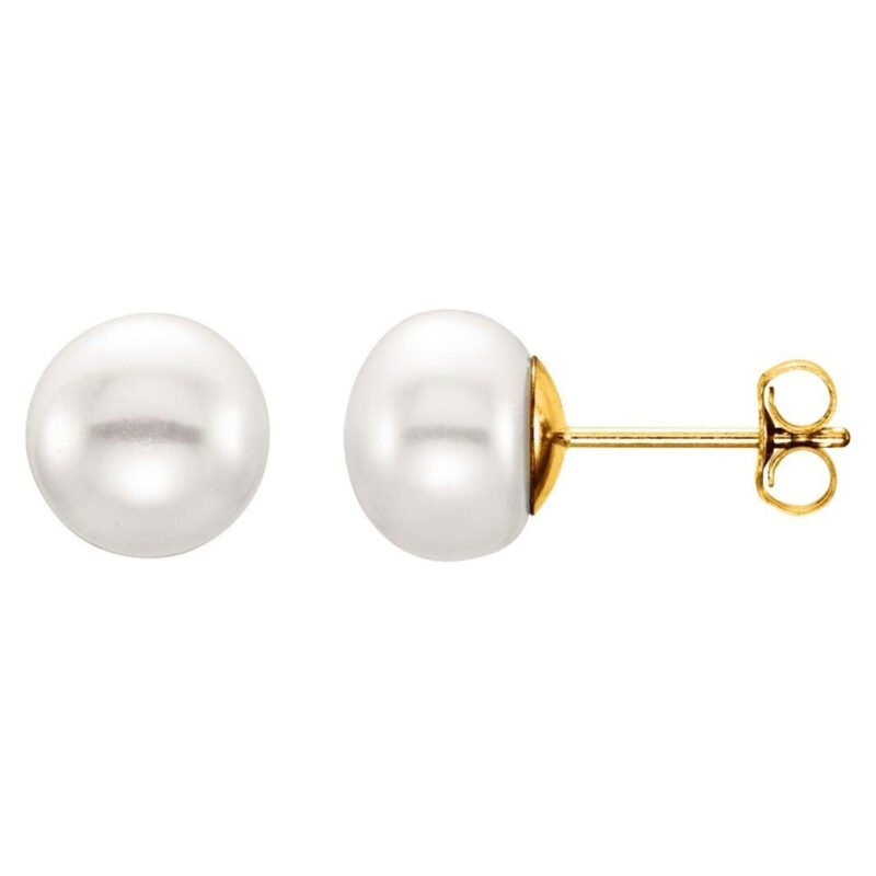 Cultured White Freshwater Button Pearl Stud Earrings Small to Large Size 14K Yellow Gold