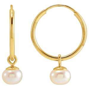 Cultured White Freshwater Pearl Dangle Endless Hoop Earrings 14K Yellow Gold