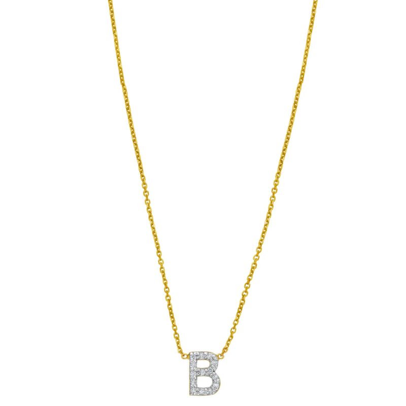 14K Yellow Gold Mini Diamond B Initial Pendant Necklace for Women