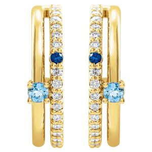 Diamond Accented Blue Sapphire and Aquamarine Hoop Earrings 14K Gold
