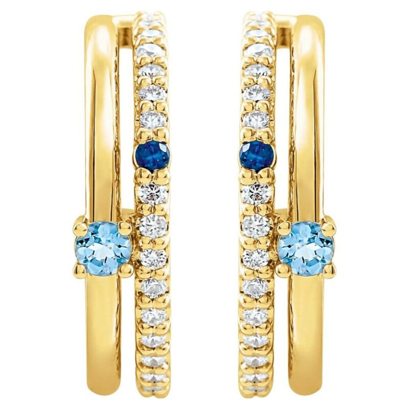 Diamond Accented Blue Sapphire and Aquamarine Hoop Earrings 14K Gold