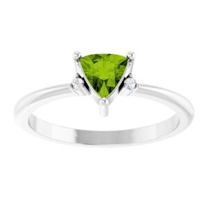 Diamond Accented Trillion Cut Green Peridot Ring 14K White Gold