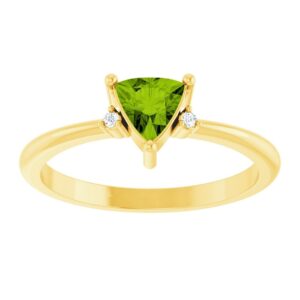 Diamond Accented Trillion Cut Green Peridot Ring 14K Yellow Gold