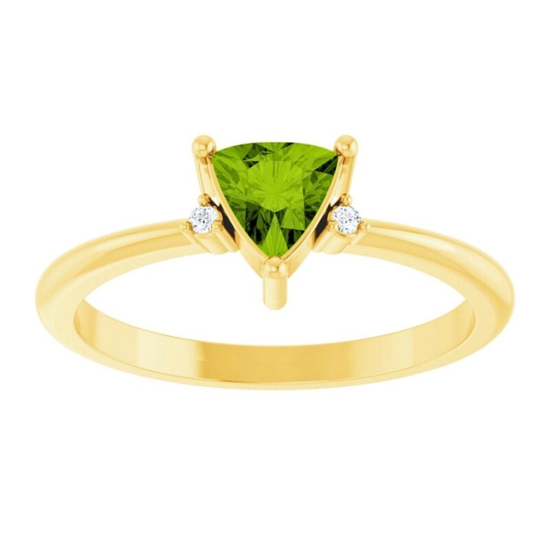 Diamond Accented Trillion Cut Green Peridot Ring 14K Yellow Gold